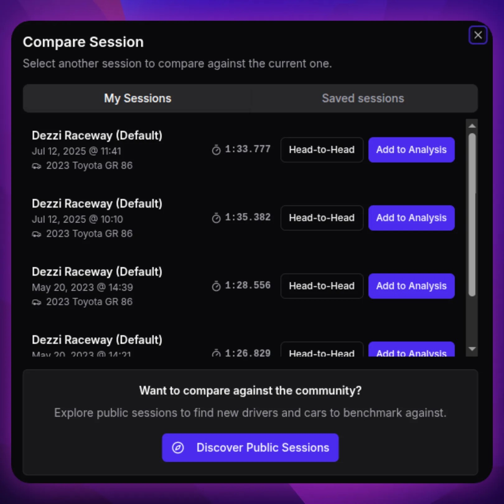 Multi-session Selection & Benchmark Picker